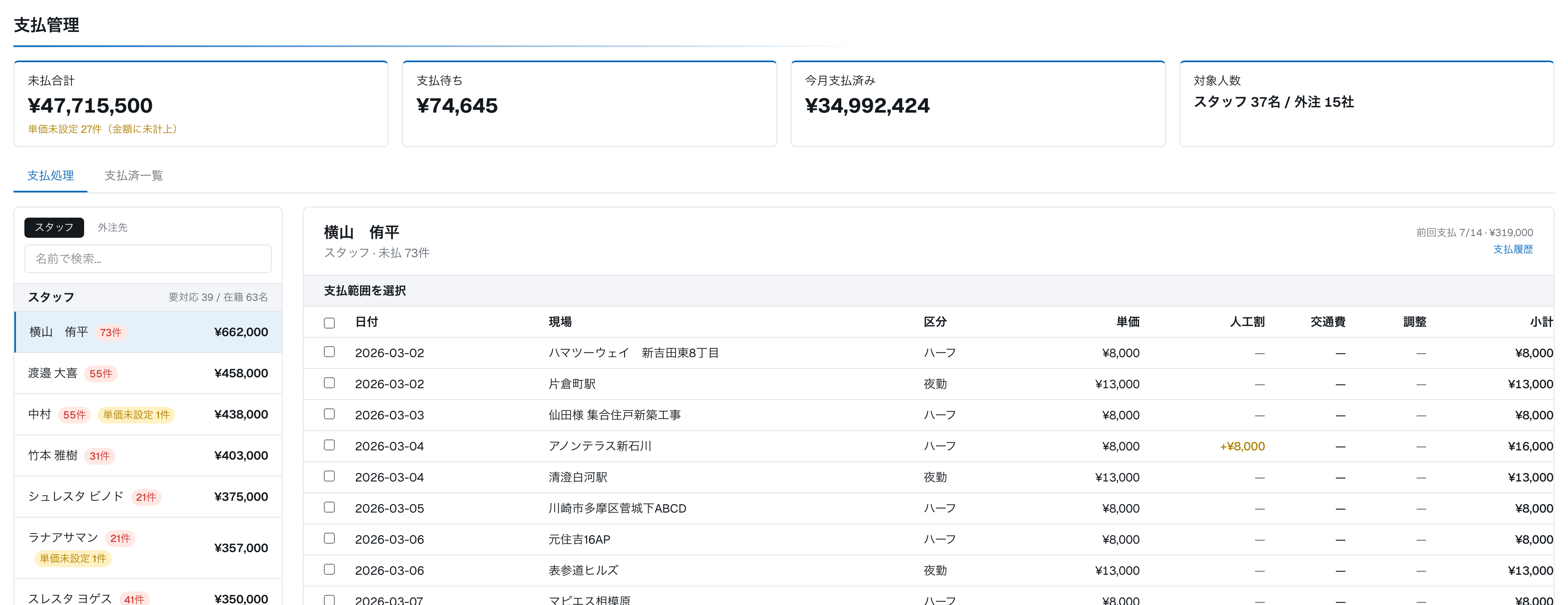 ［撮影］支払画面。左に受給者一覧、右に未払い配置のチェックボックス一覧