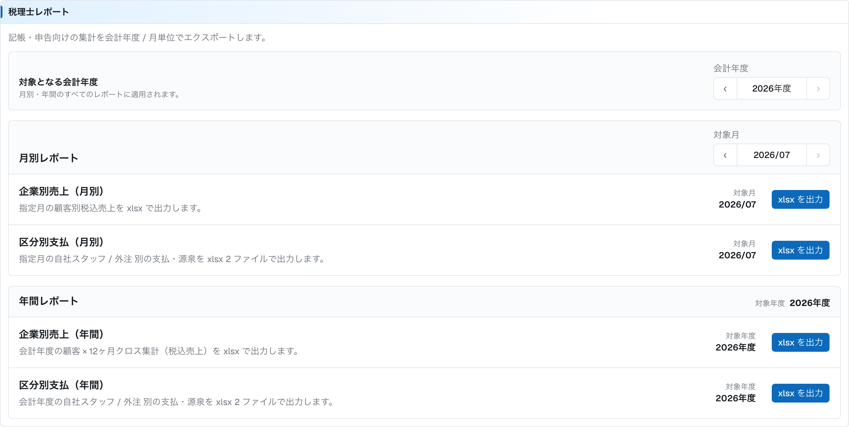 ［撮影］決算画面の「税理士レポート」セクション。4種のエクスポート